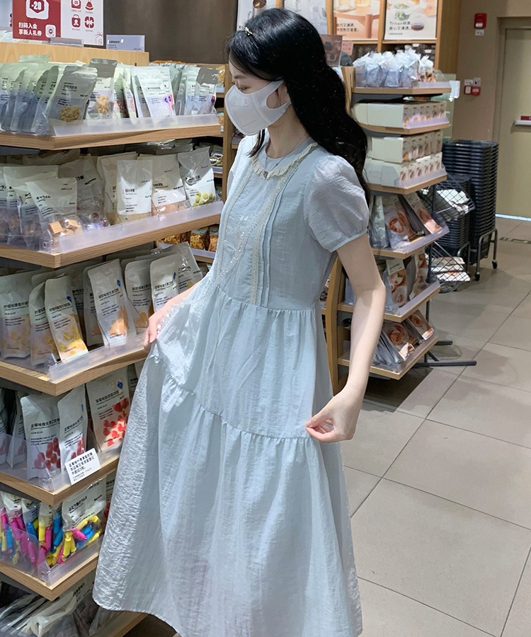 Embroidery sweet puff sleeve bow art fresh dress