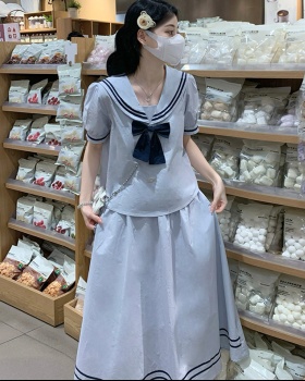 Navy style show young skirt short sleeve shirt 2pcs set for women