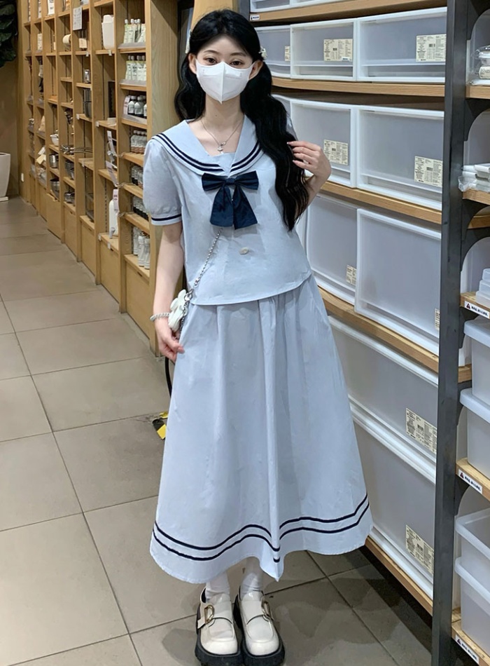 Navy style show young skirt short sleeve shirt 2pcs set for women