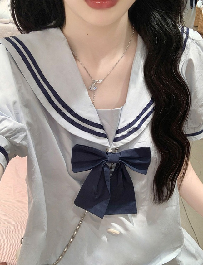 Navy style show young skirt short sleeve shirt 2pcs set for women