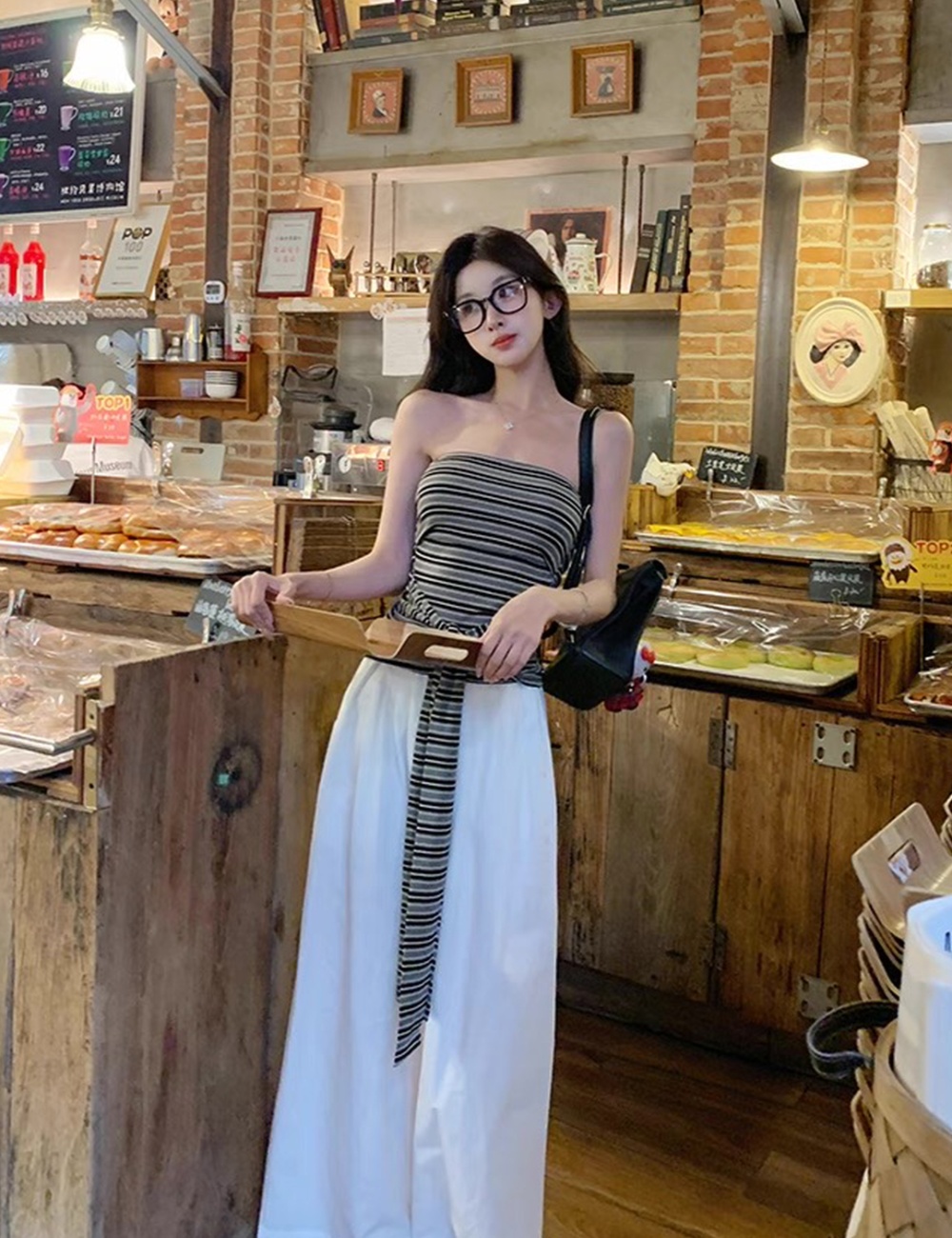 Bandage sexy maiden tops stripe retro vest for women