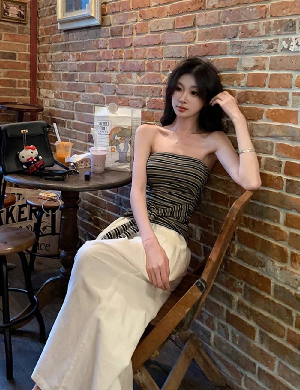 Bandage sexy maiden tops stripe retro vest for women