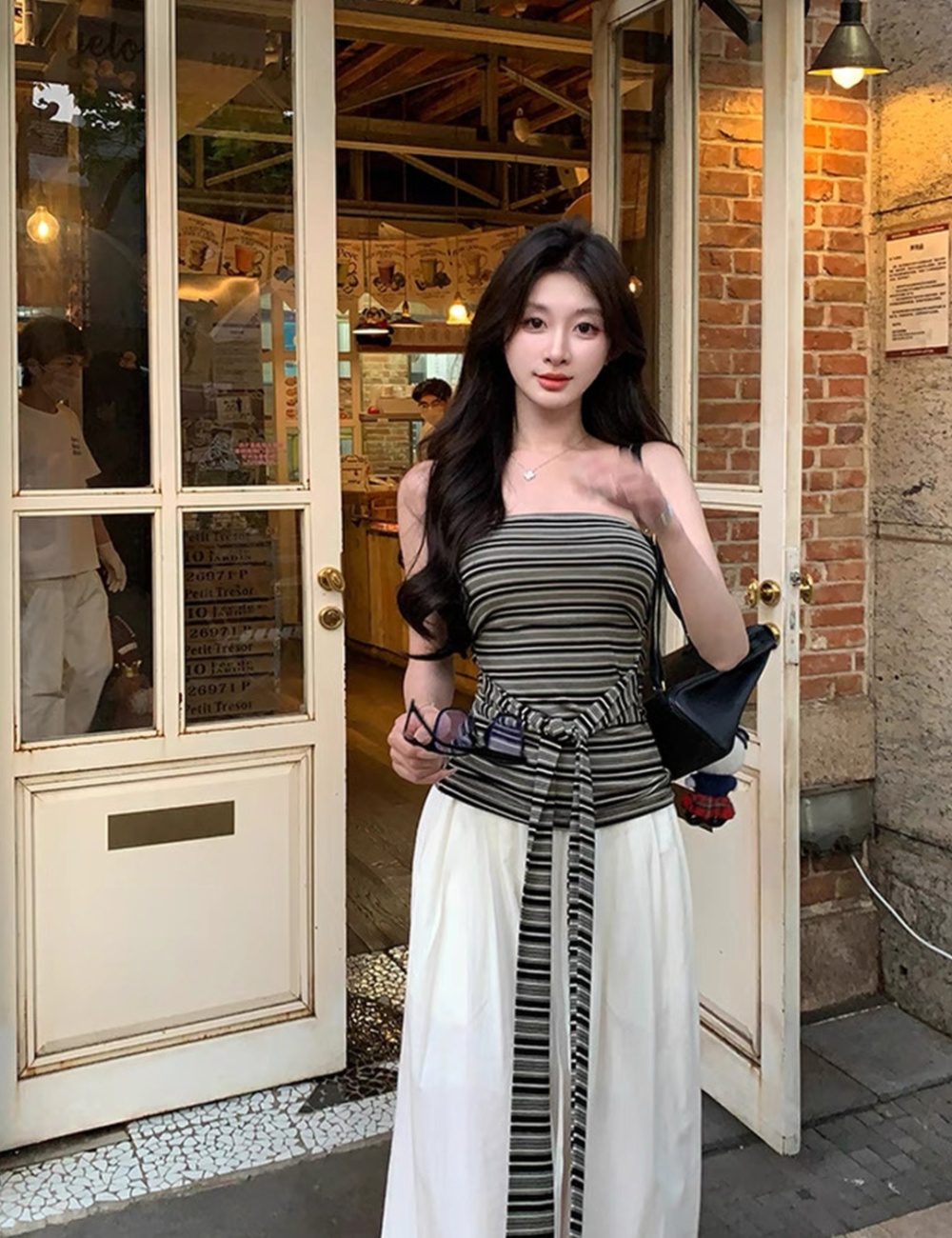 Bandage sexy maiden tops stripe retro vest for women