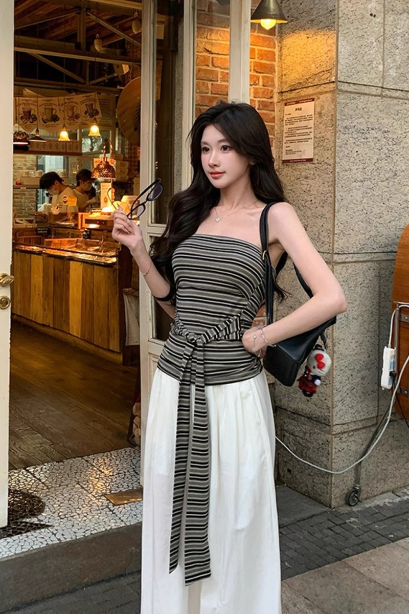 Bandage sexy maiden tops stripe retro vest for women