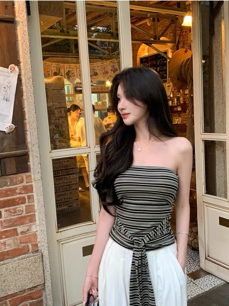Bandage sexy maiden tops stripe retro vest for women