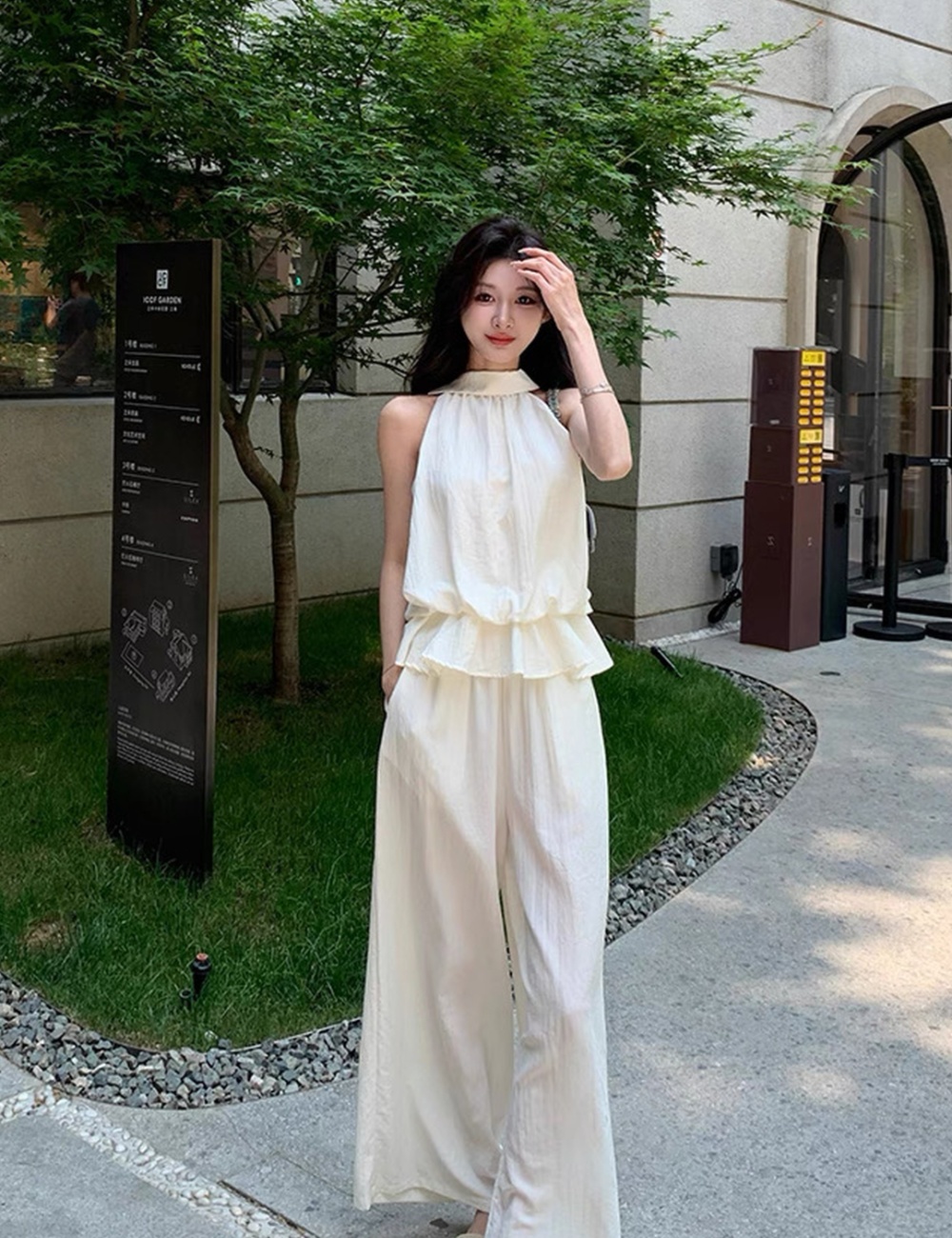 Lotus leaf edges vest long pants 2pcs set for women