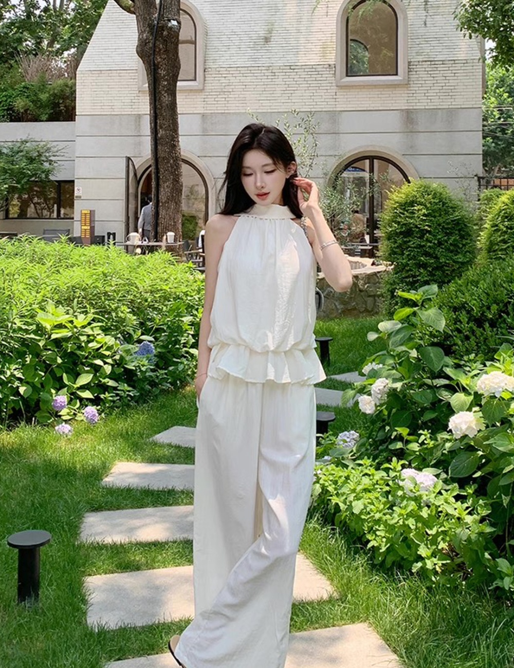 Lotus leaf edges vest long pants 2pcs set for women