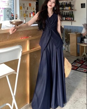 V-neck wide leg pants slim waistcoat 2pcs set for women