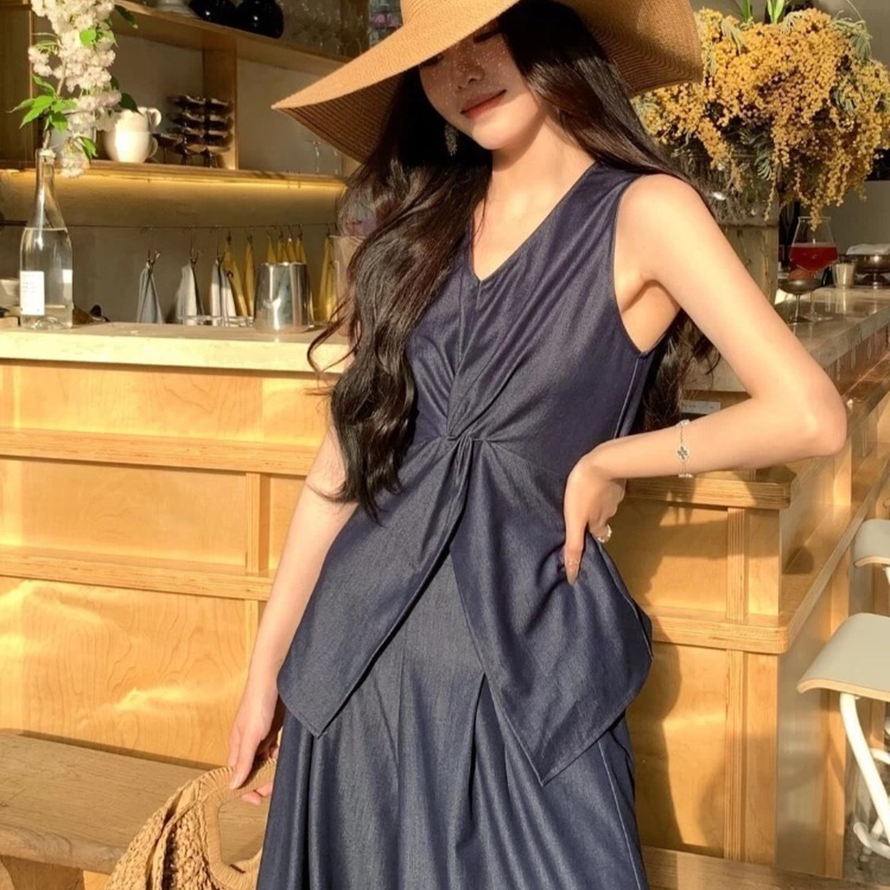 V-neck wide leg pants slim waistcoat 2pcs set for women