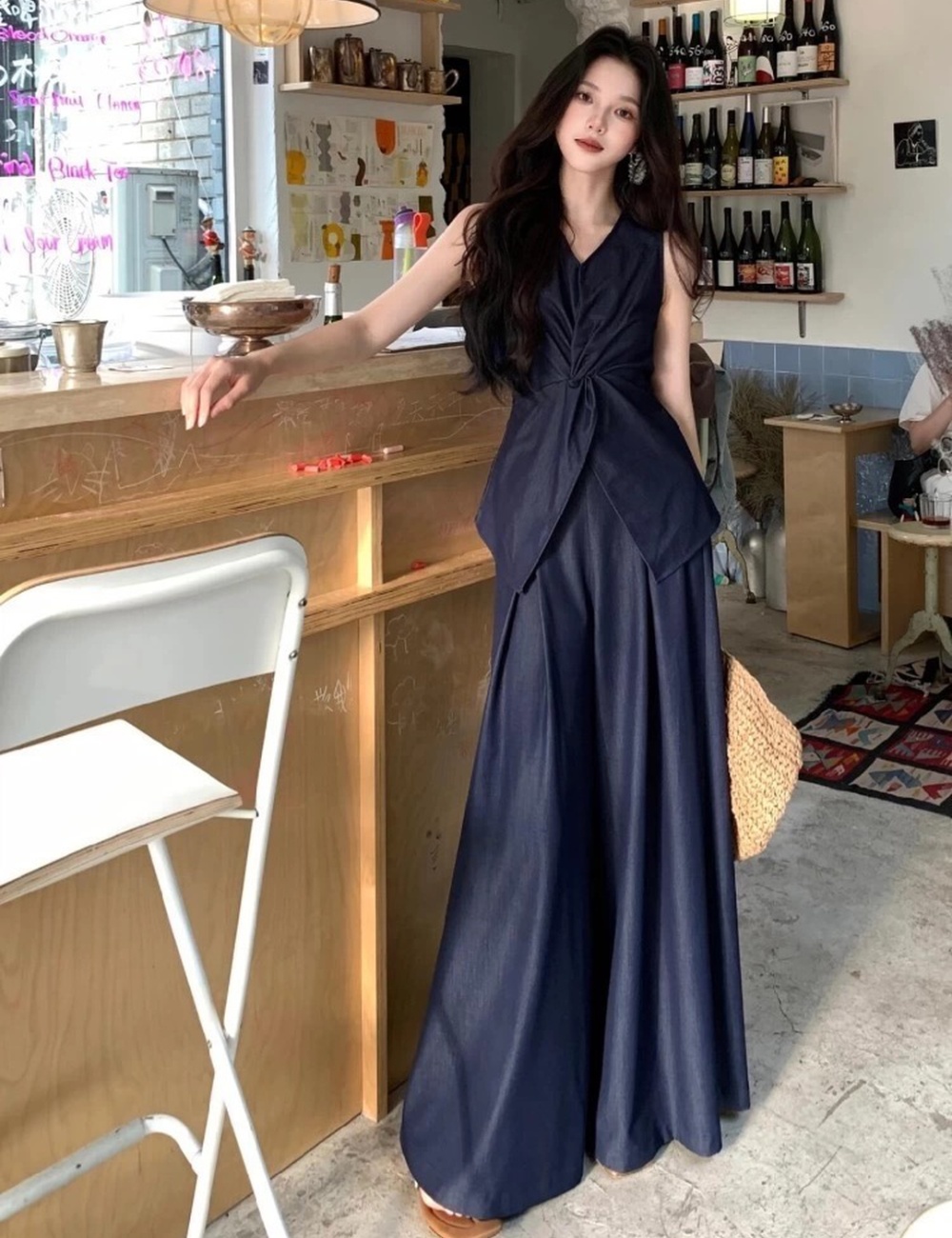 V-neck wide leg pants slim waistcoat 2pcs set for women
