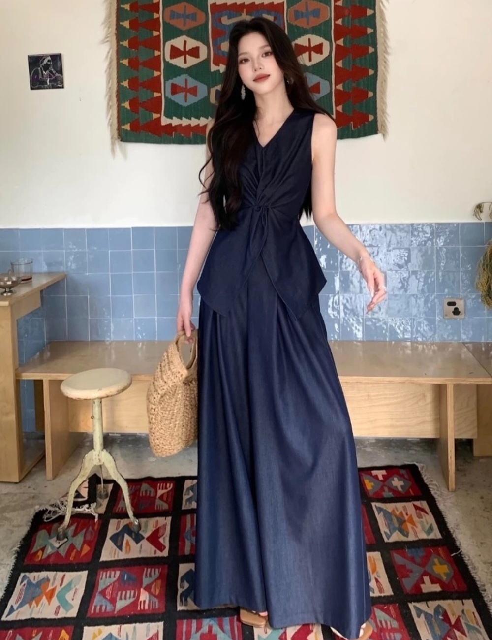 V-neck wide leg pants slim waistcoat 2pcs set for women