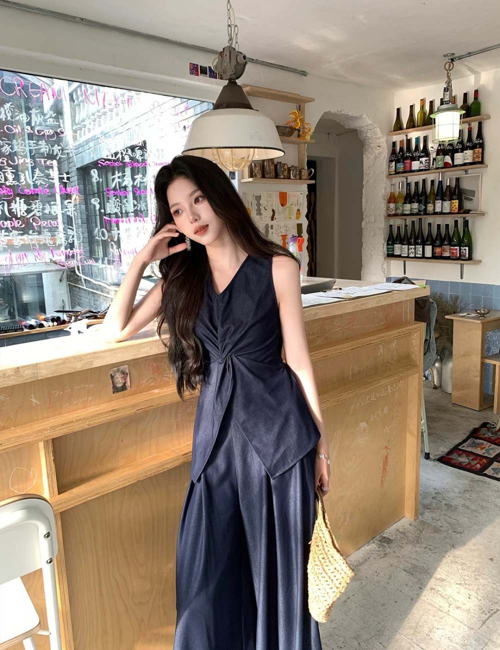 V-neck wide leg pants slim waistcoat 2pcs set for women