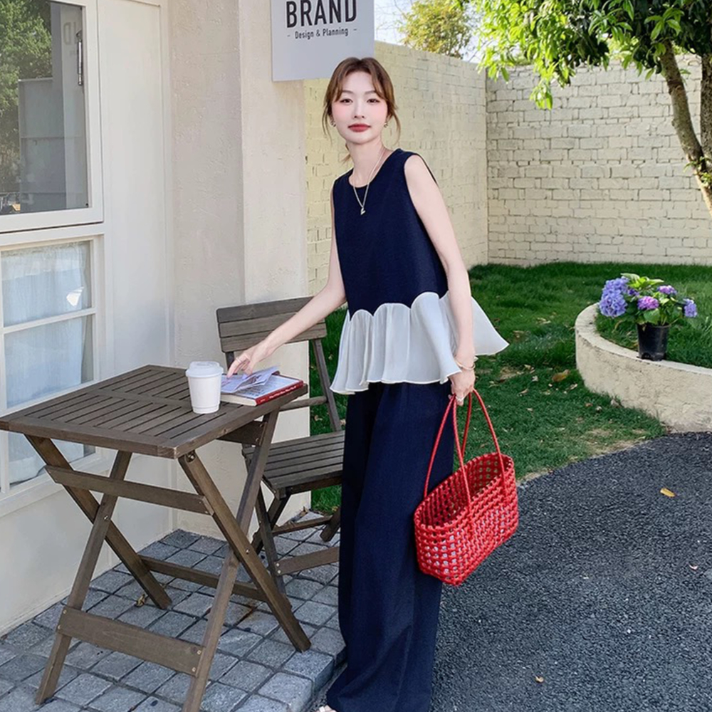 Lace all-match wide leg pants slim vest 2pcs set for women