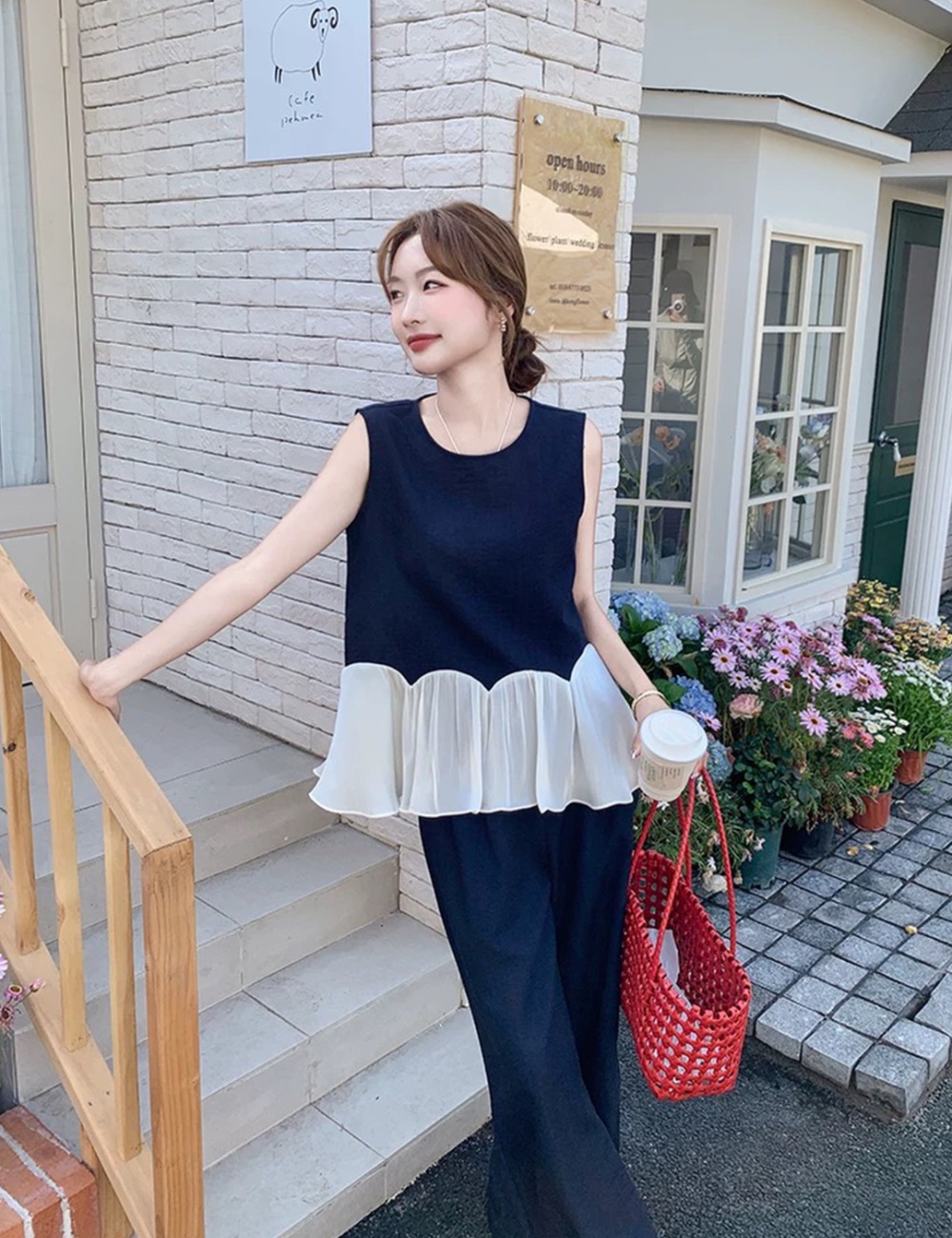 Lace all-match wide leg pants slim vest 2pcs set for women