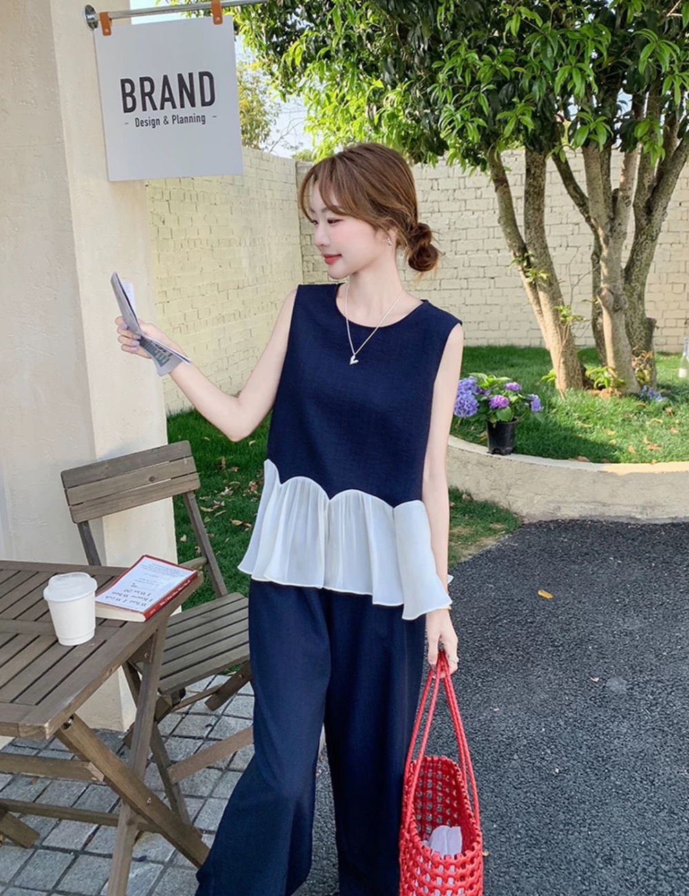Lace all-match wide leg pants slim vest 2pcs set for women