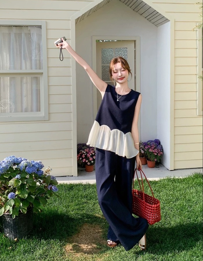 Lace all-match wide leg pants slim vest 2pcs set for women
