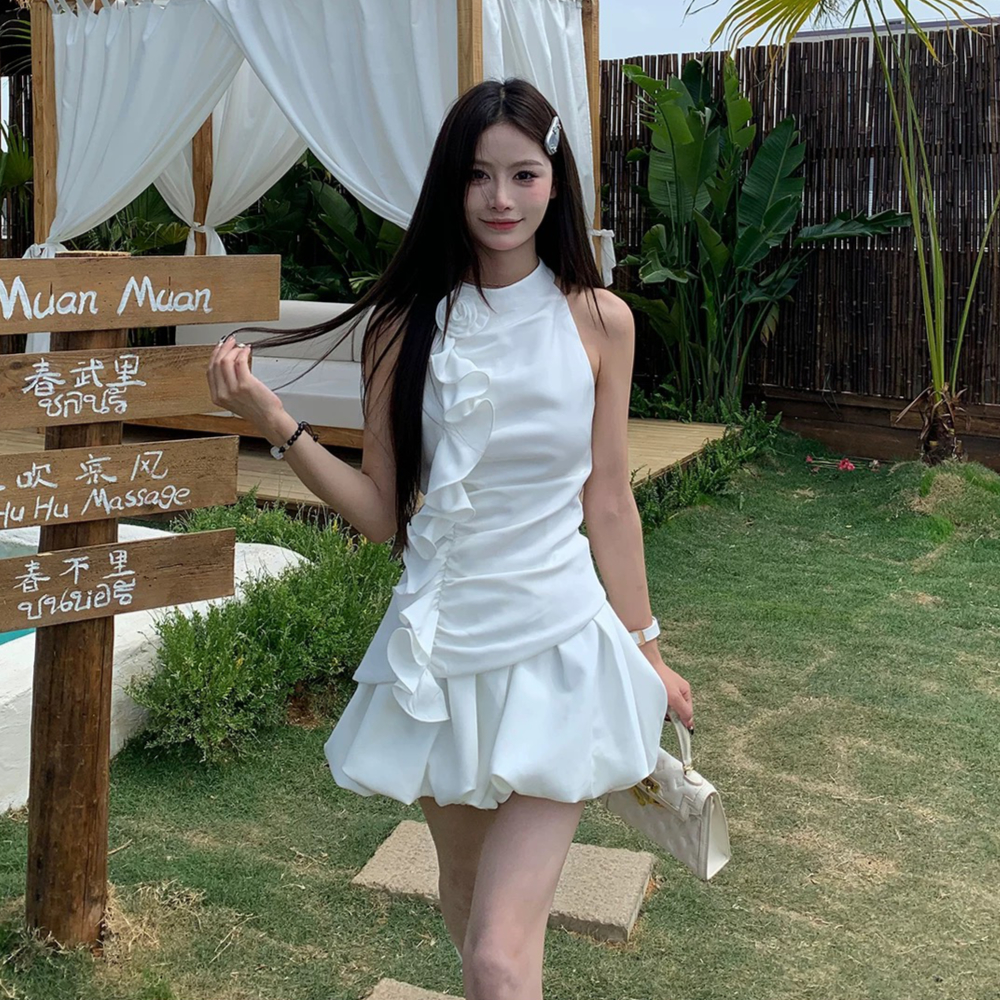 Lotus leaf edges tops halter short skirt 2pcs set