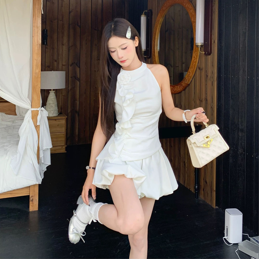 Lotus leaf edges tops halter short skirt 2pcs set