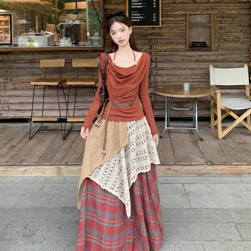 Long sleeve skirt halter T-shirt 2pcs set for women