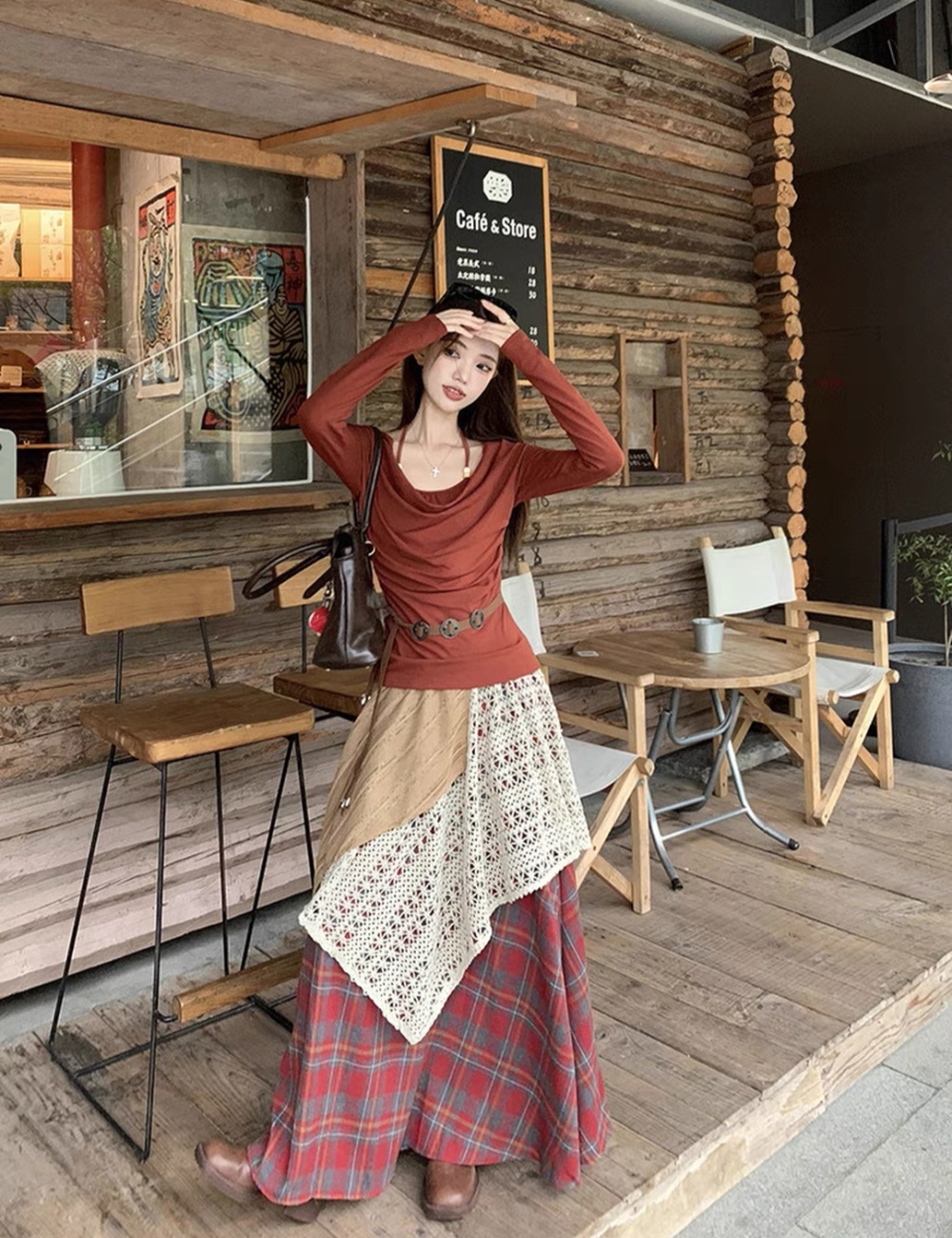 Long sleeve skirt halter T-shirt 2pcs set for women