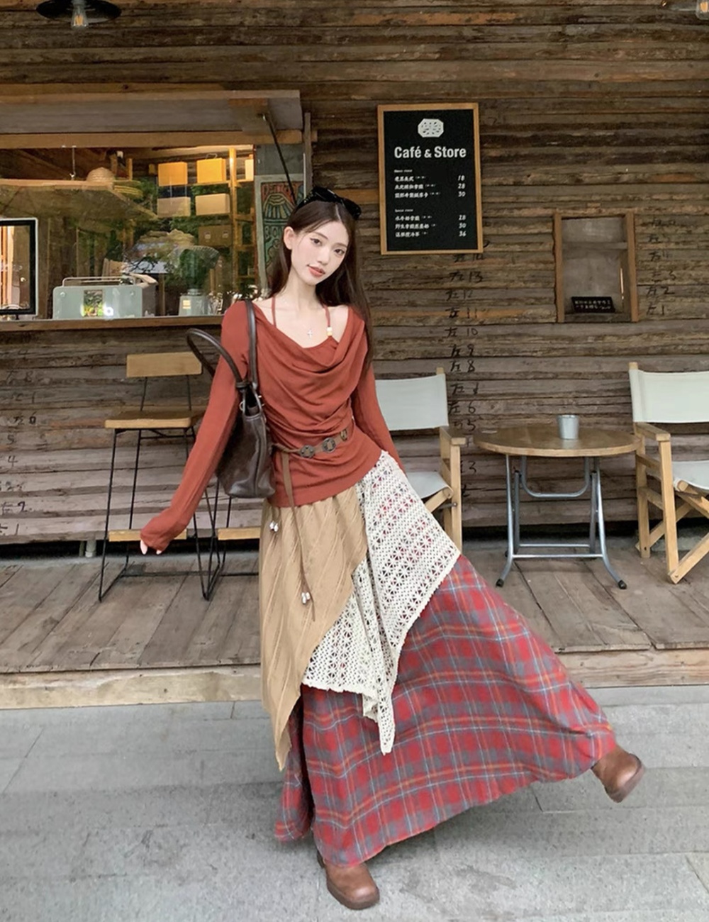 Long sleeve skirt halter T-shirt 2pcs set for women