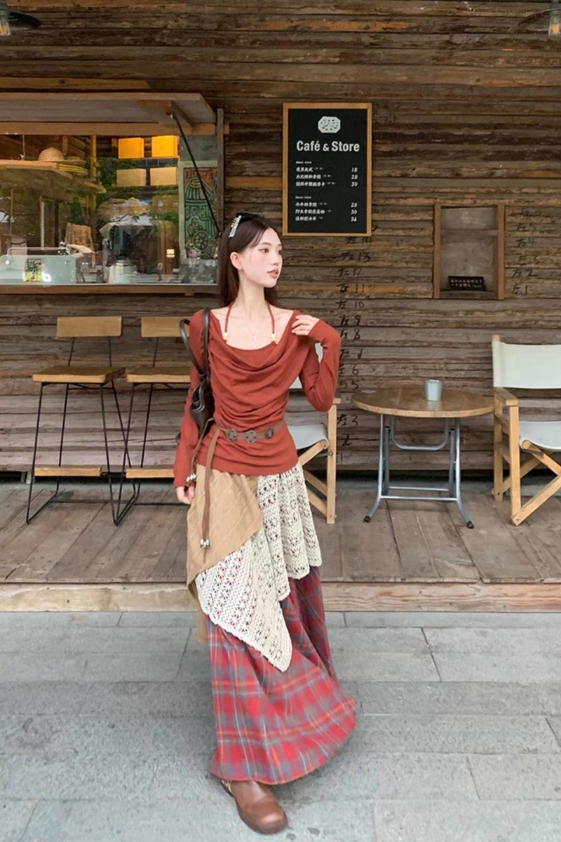 Long sleeve skirt halter T-shirt 2pcs set for women