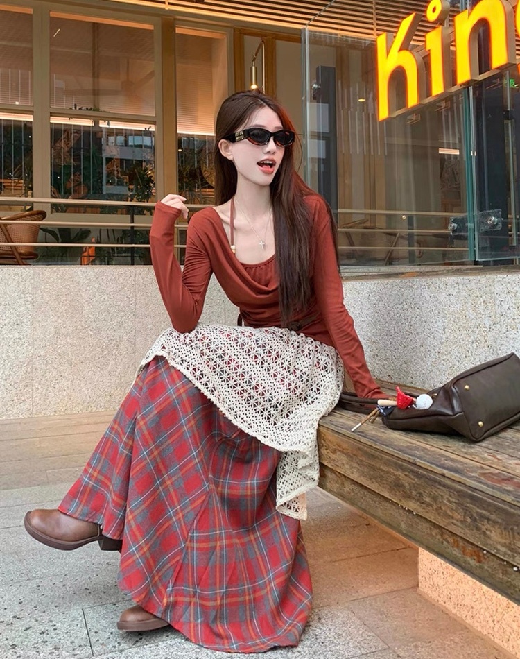 Long sleeve skirt halter T-shirt 2pcs set for women