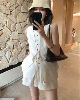 Wide leg temperament waistcoat flax vest 2pcs set for women