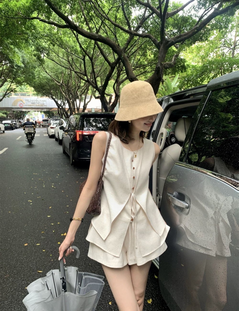 Wide leg temperament waistcoat flax vest 2pcs set for women