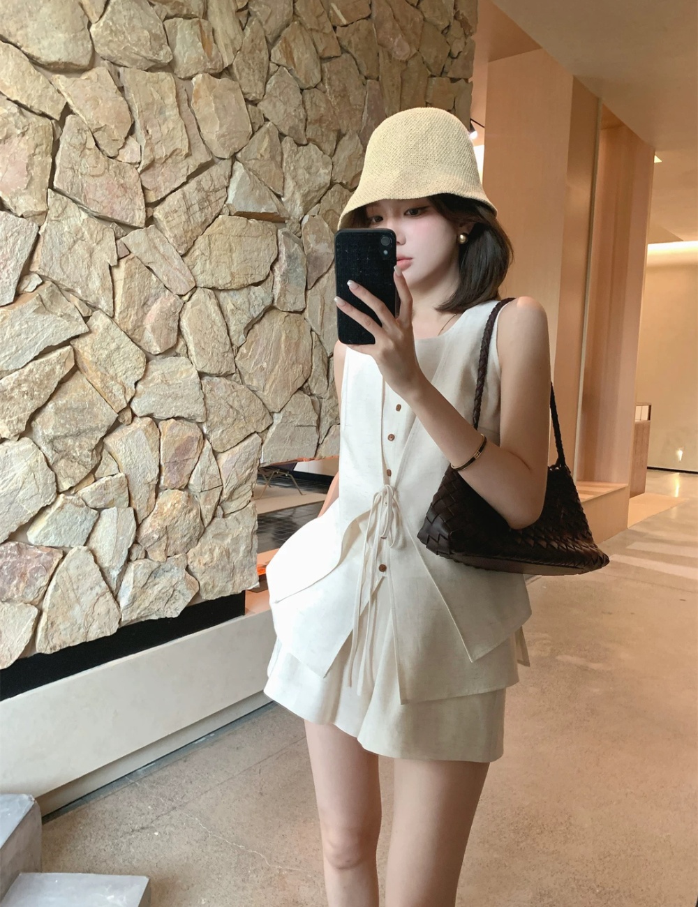 Wide leg temperament waistcoat flax vest 2pcs set for women
