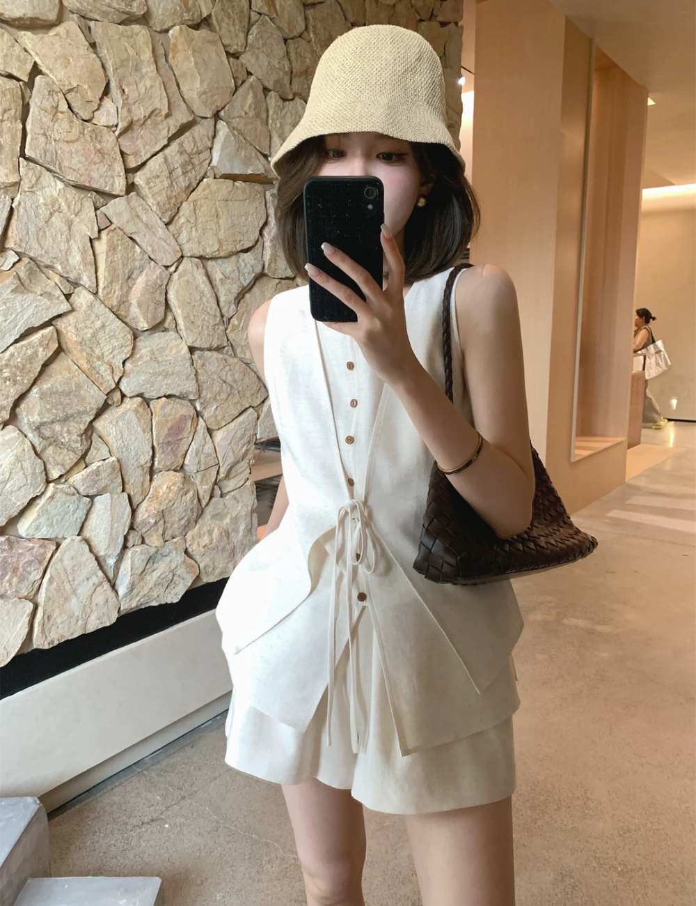 Wide leg temperament waistcoat flax vest 2pcs set for women