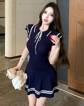 Navy style boats sleeve college knitted frenum dress for women