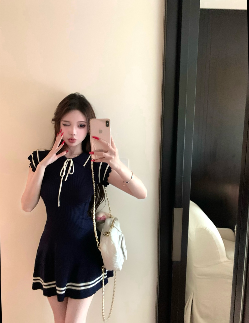Navy style boats sleeve college knitted frenum dress for women