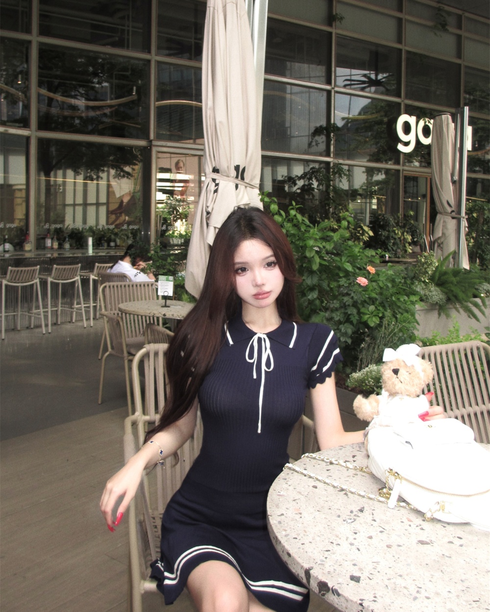 Navy style boats sleeve college knitted frenum dress for women