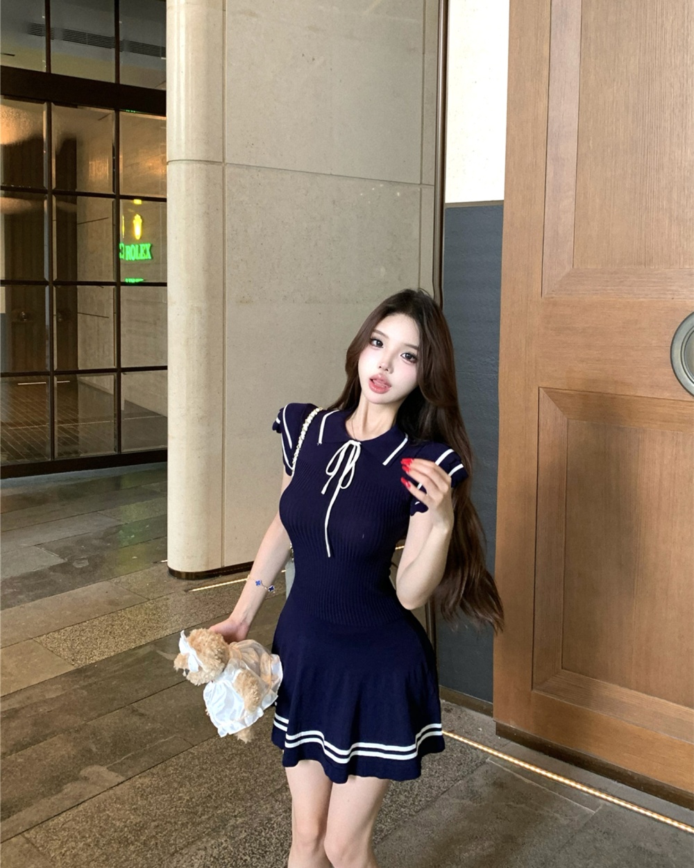 Navy style boats sleeve college knitted frenum dress for women