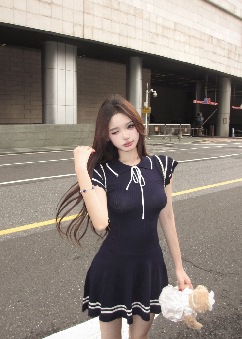 Navy style boats sleeve college knitted frenum dress for women