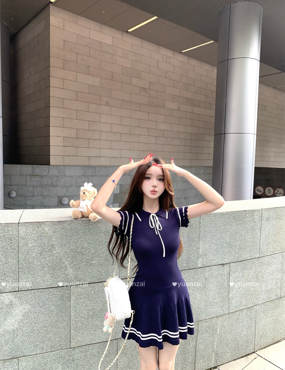 Navy style boats sleeve college knitted frenum dress for women