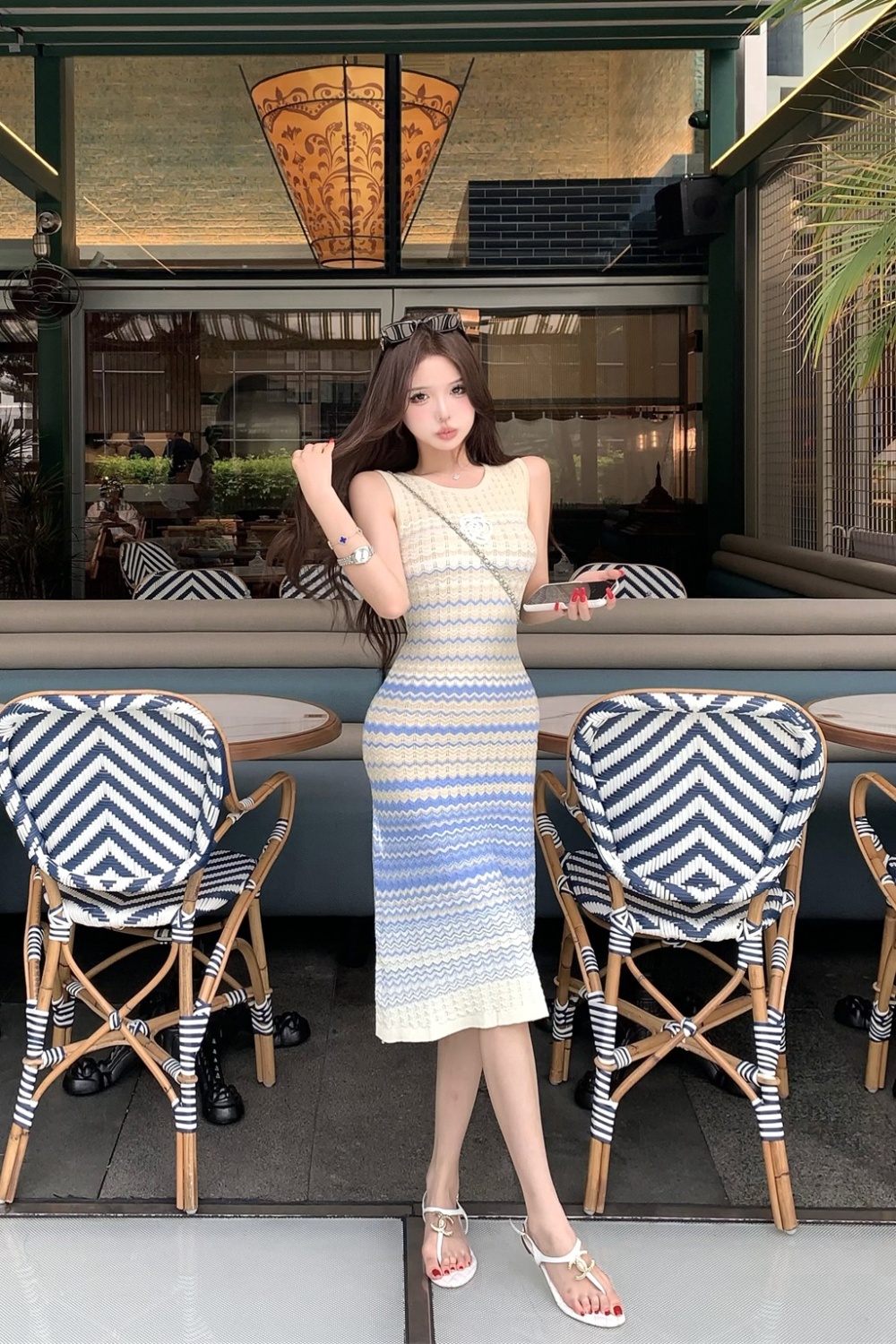 Long summer temperament dress knitted sleeveless vest