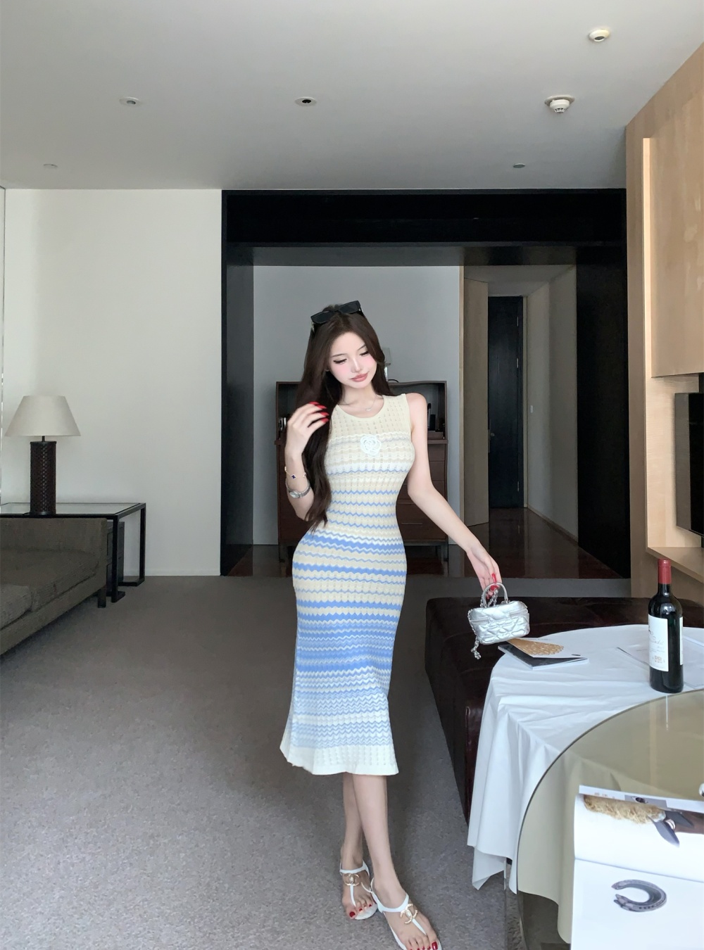 Long summer temperament dress knitted sleeveless vest