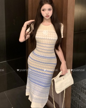 Summer knitted temperament long short sleeve dress for women