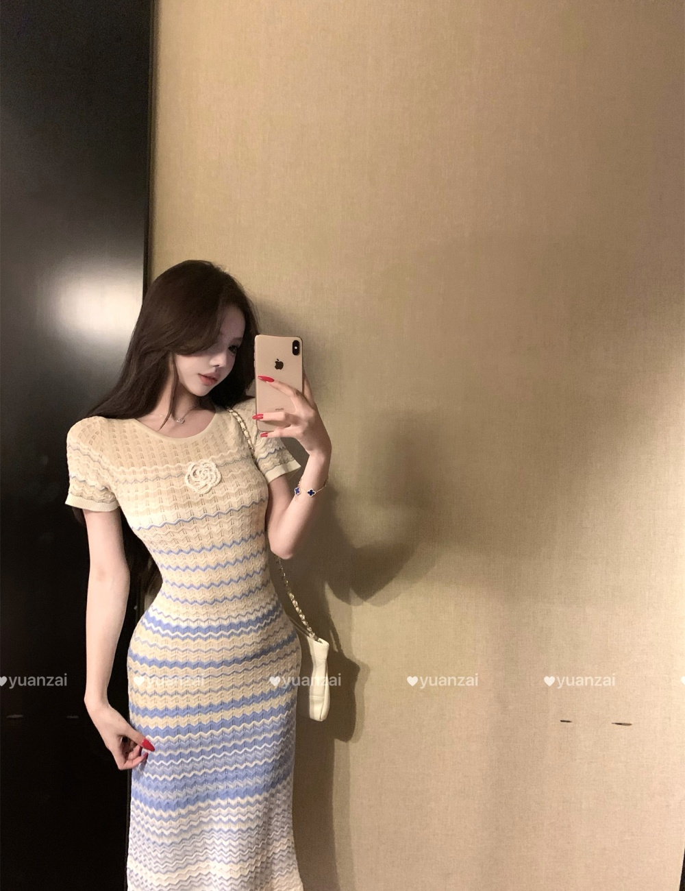 Summer knitted temperament long short sleeve dress for women