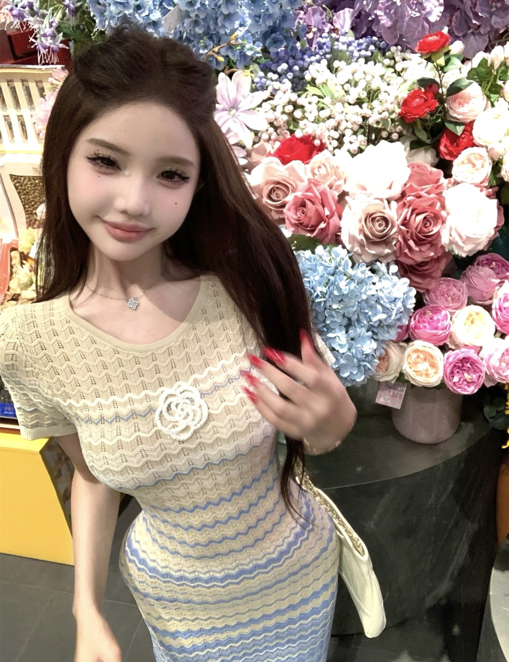 Summer knitted temperament long short sleeve dress for women
