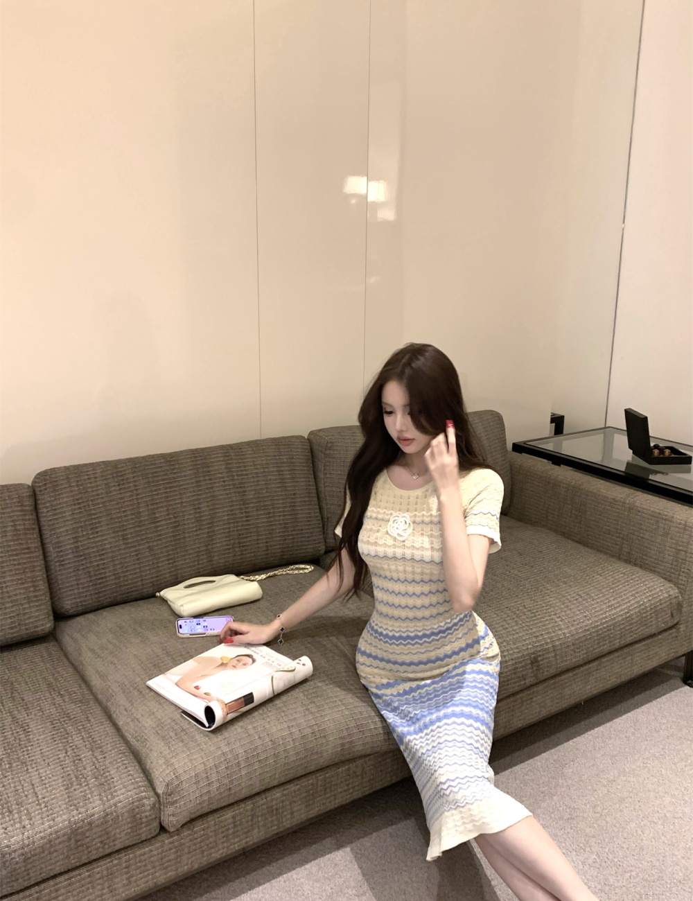 Summer knitted temperament long short sleeve dress for women