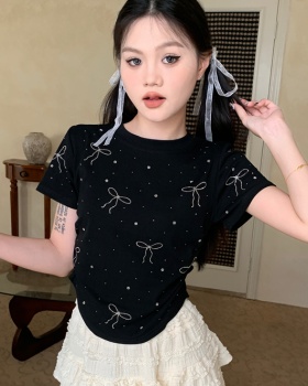 Pinched waist short bow tops round neck rhinestone T-shirt