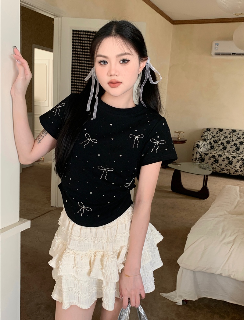 Pinched waist short bow tops round neck rhinestone T-shirt