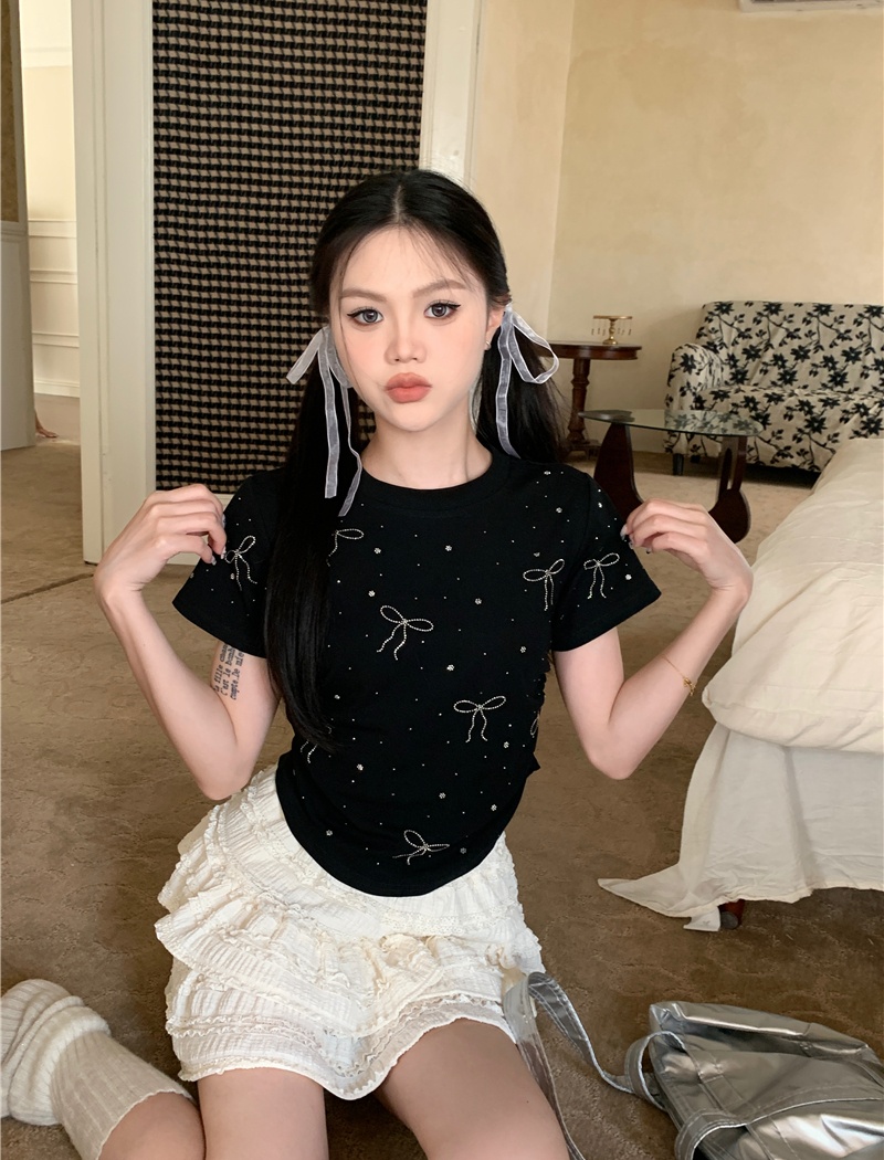 Pinched waist short bow tops round neck rhinestone T-shirt