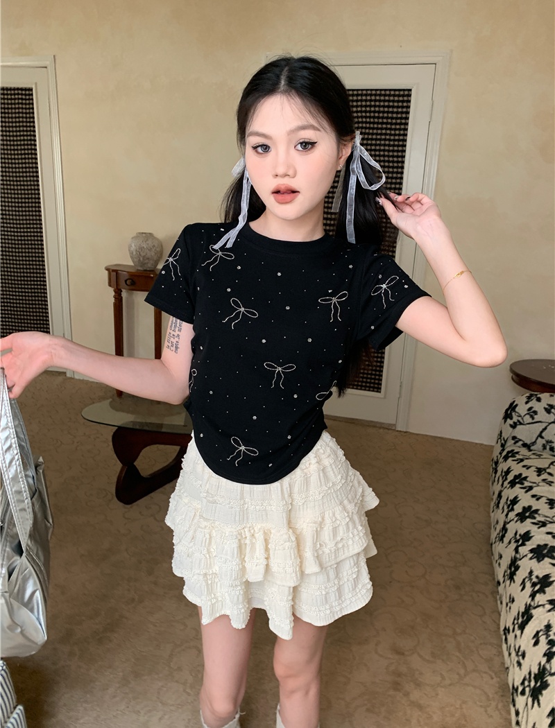 Pinched waist short bow tops round neck rhinestone T-shirt