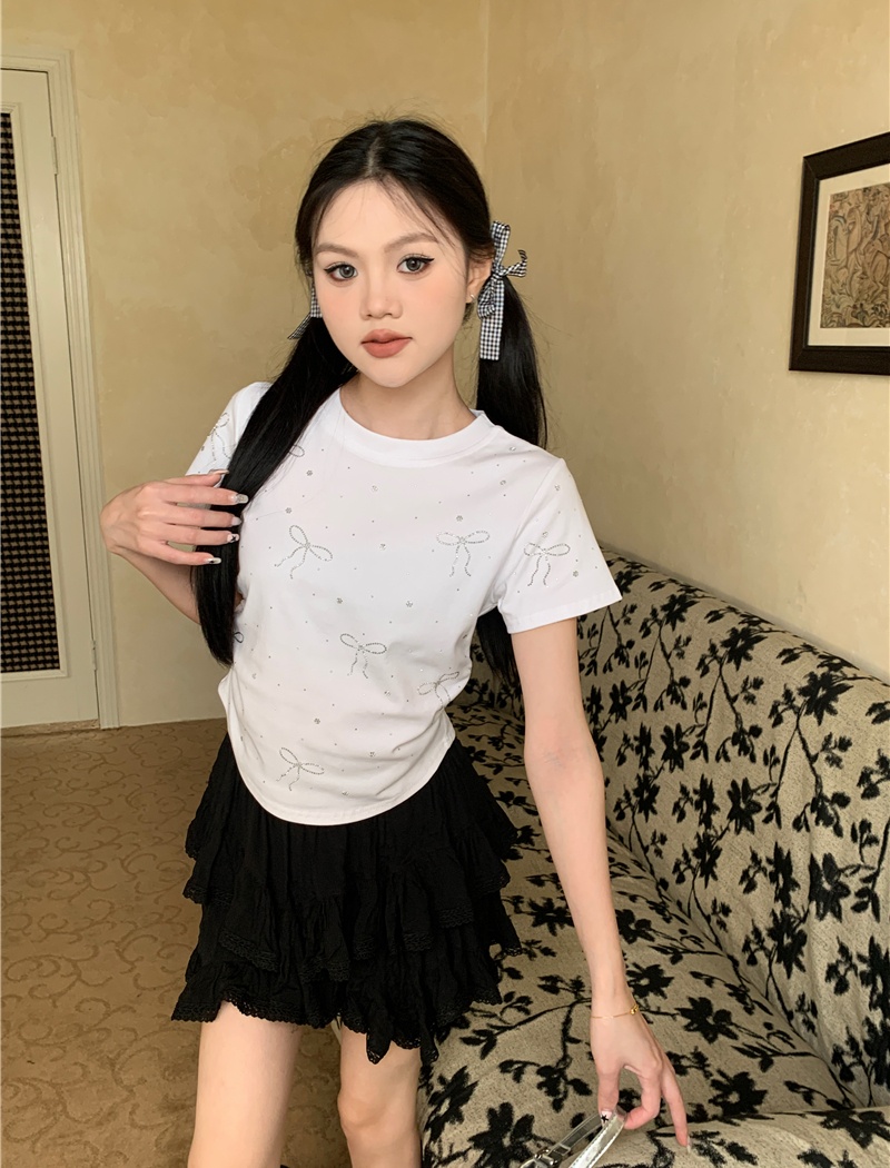 Pinched waist short bow tops round neck rhinestone T-shirt