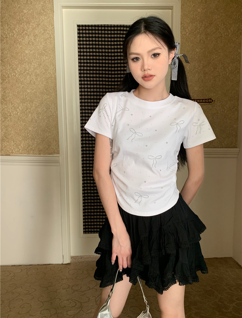 Pinched waist short bow tops round neck rhinestone T-shirt