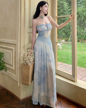 Vacation beads pinched waist dress sling summer long dress